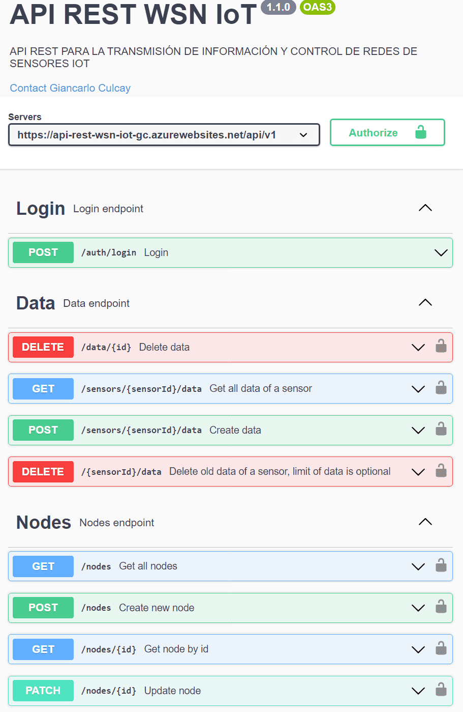 API REST para la transmisi贸n de informaci贸n y control de redes de sensores IoT